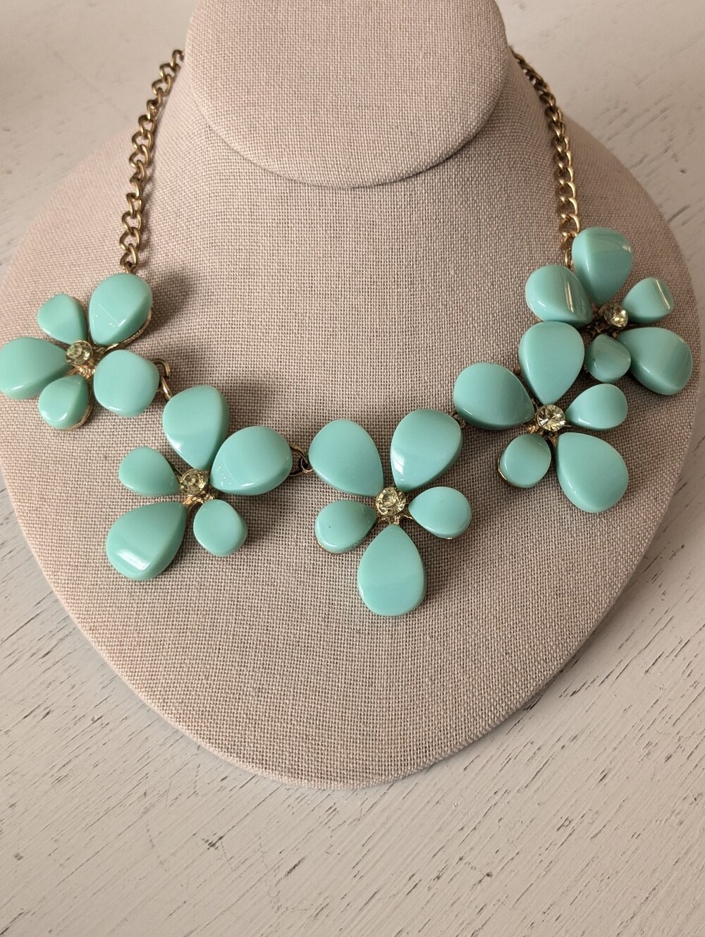 Mint Green Floral Statement Necklace Gold Tone Rhinestone Accent Bib Necklace